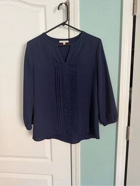 Skies Are Blue Navy Pintuck V-Neck Blouse